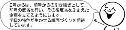 2号からは、前号からの引き継ぎとして、前号の反省を行い、その後反省をふまえた企画を立てるようにします。学級の特色が生かせる紙面づくりを期待しています。